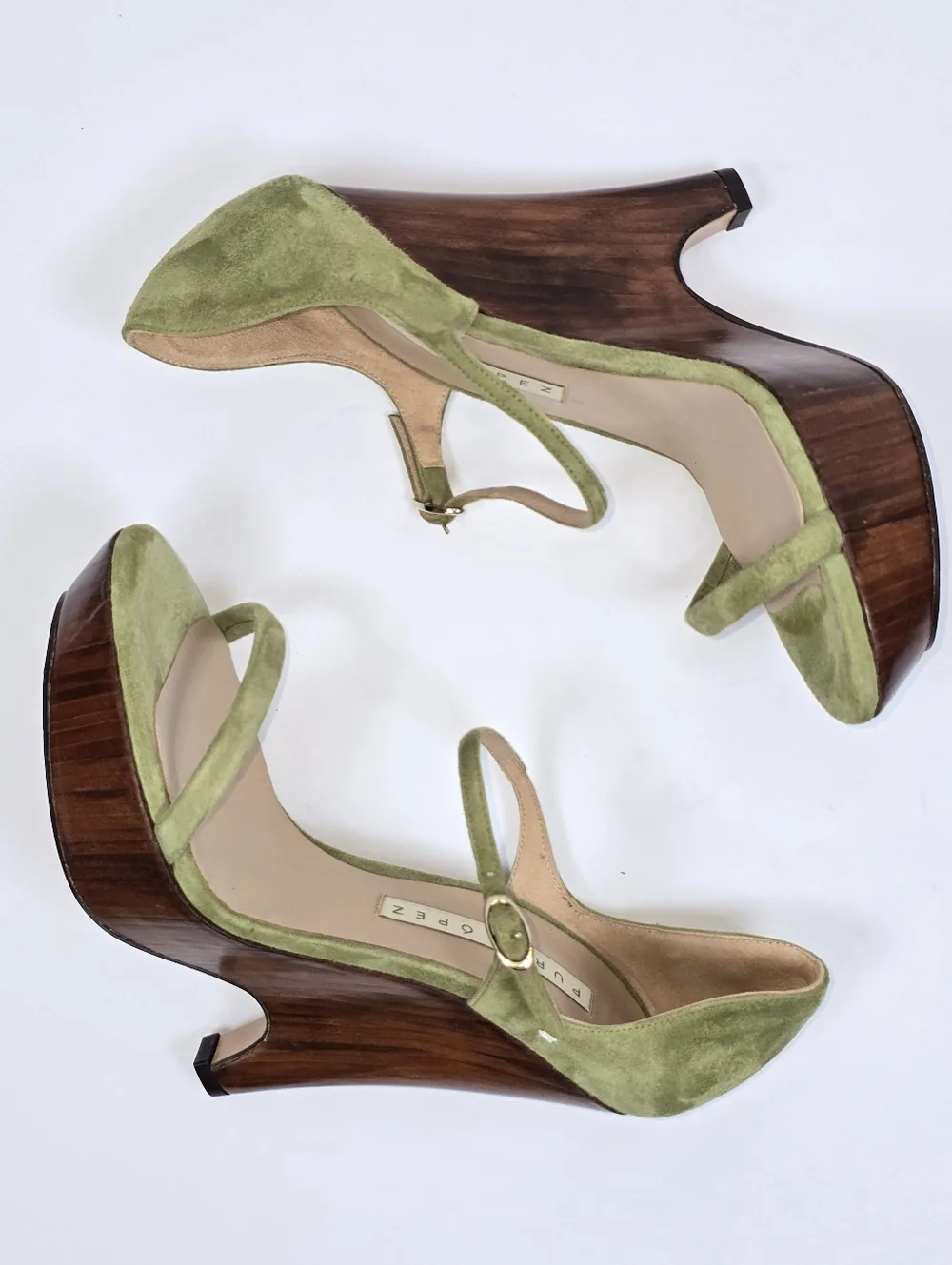 Pura Lopez Green Suede Countour Wood Wedge Platform Sandals Ankle Strap 38 - Picture 5 of 14